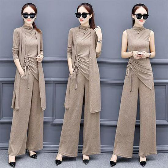 Plus Size Women's Slimming Wide-Leg Pants Suit Set - Spring/Autumn 2026 Style, Semi-High Neck, Casual Three-Piece.