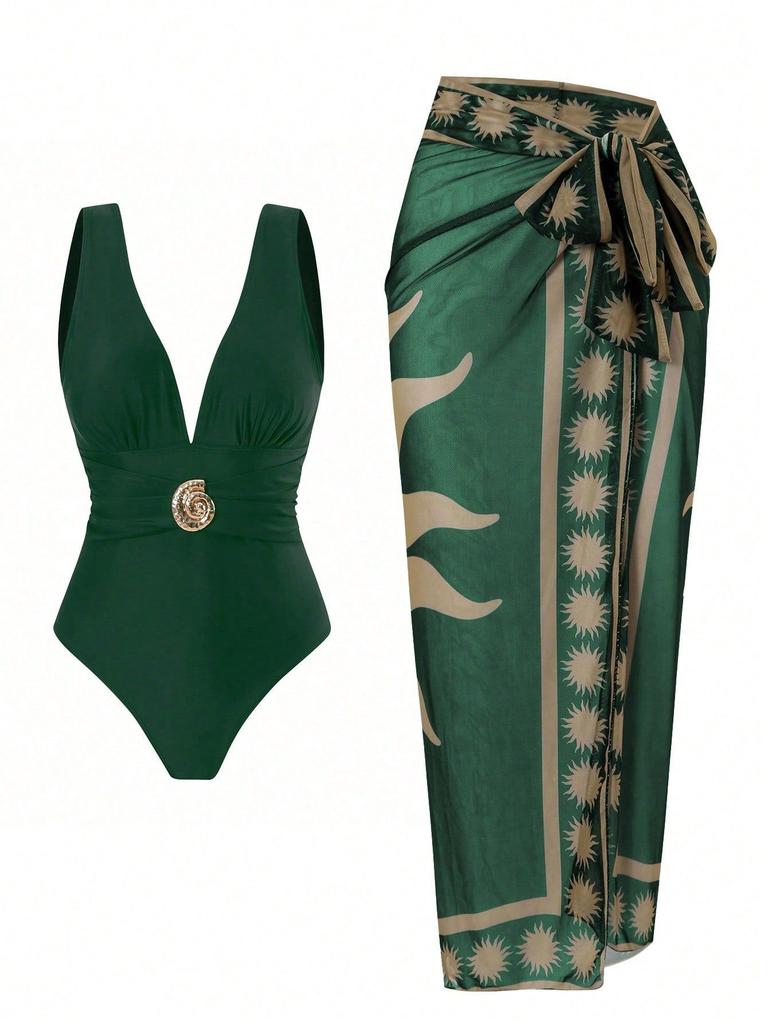 Deep Brown One-Piece Swimsuit with Sheer Wrap Skirt, V-Neck, Bow Detail