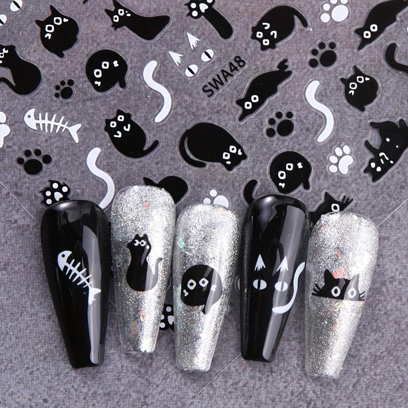 1Pc Black Cat Nail Art Stickers, Halloween Cartoon Animal Self-Adhesive Decals, DIY Nail Salon Art Decorations Animal Print