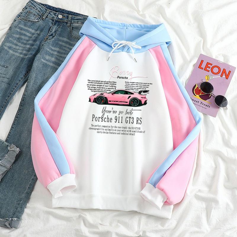 Mens Loose Fit Long Sleeve Hooded Sweatshirt Pink Sports Car Print Casual Top