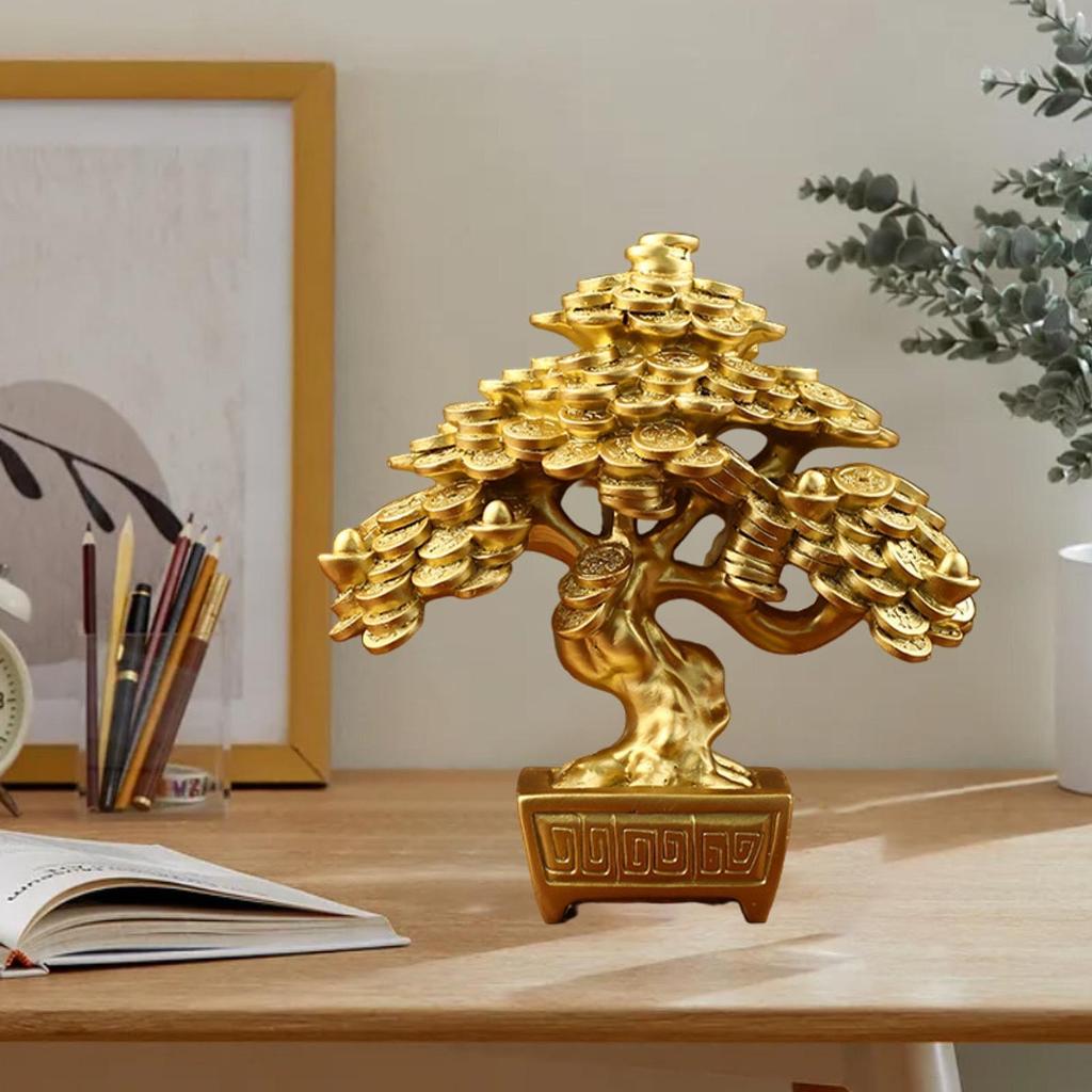 Chinese Money Tree Table Ornament Resin Figurine Lucky Tree Sculpture 6.8x3.5x7.6inch for Bedroom