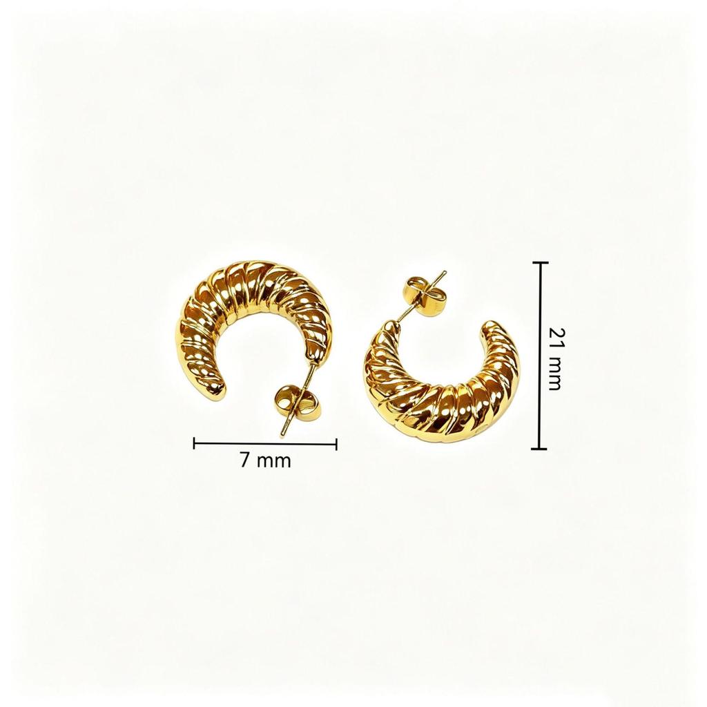 European Luxury Ribbed Gold Stainless Steel Curved Earrings