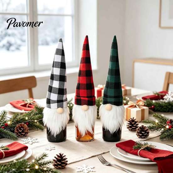 Cute Santa Gnome Ornament Christmas Wine Bottle Cover, Fluffy Artificial Beards Decor, Plaid Festive Kitchen Counter Decor Toppers for Holiday