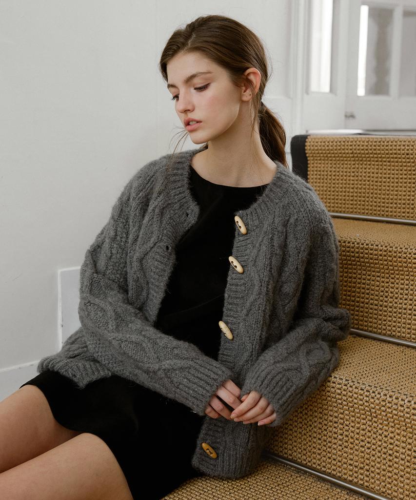 LETTERA Alpaca Wool Toggle Cable Cardigan_Charcoal