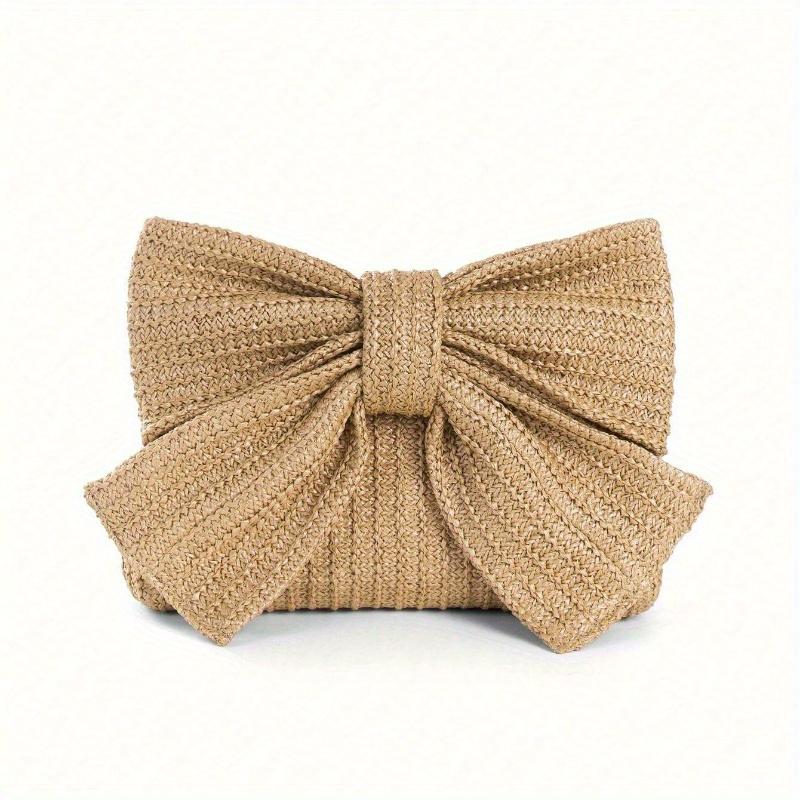 

Vacation Style Lady Woven Bag with Large Bowknot Design, Multi-Functional for Handheld, Shoulder, Crossbody, Metal Chain Detachable Valentines хаки