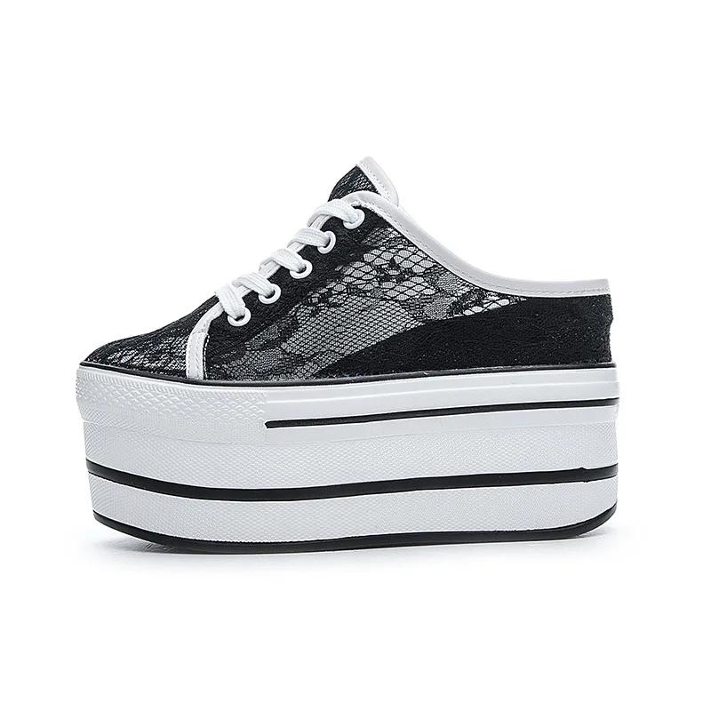 Fashion 2025 Summer Lace Breathable Mesh Shoes, Inner Height, Women's Shoes, Covered Head, Half Slippers, Women's Outer