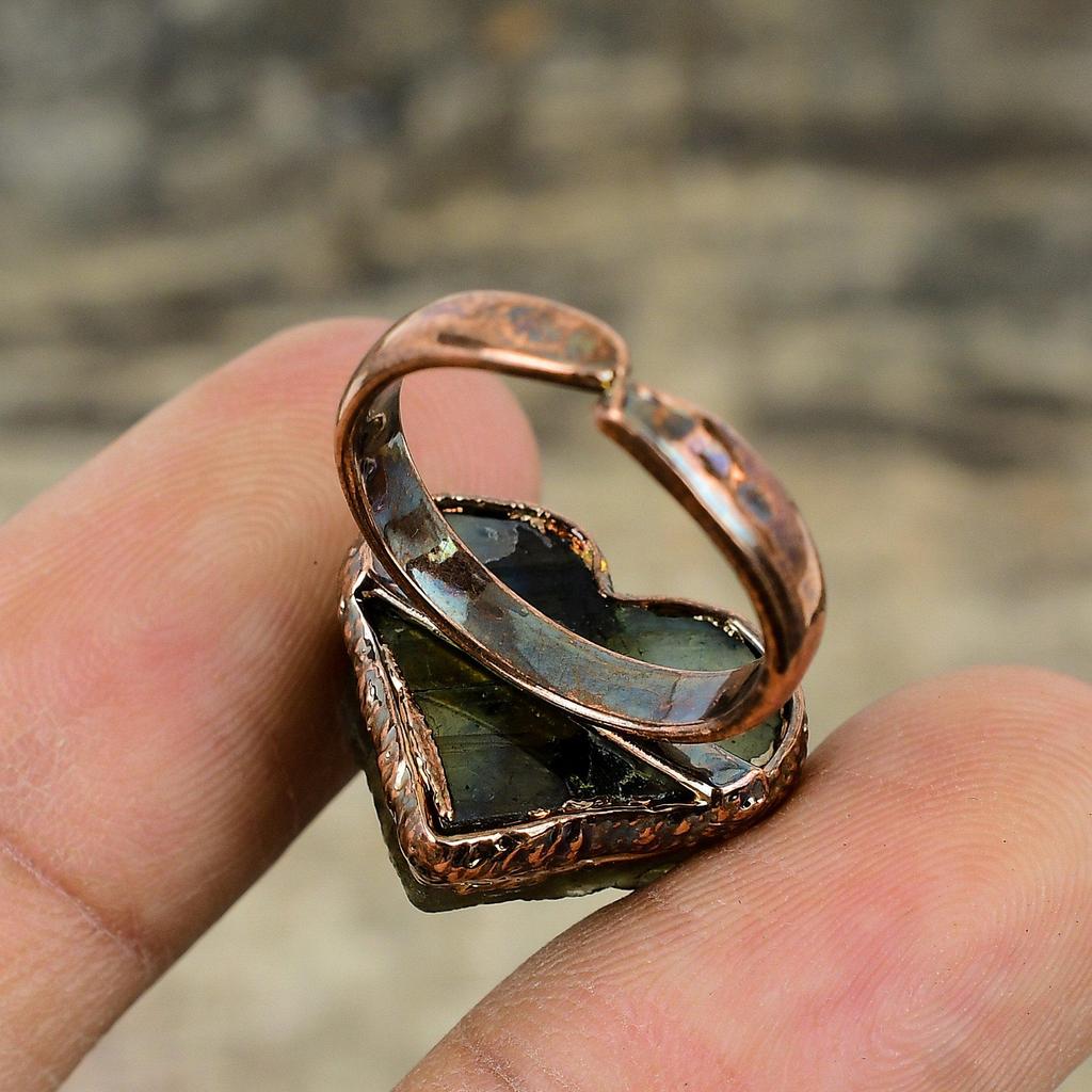Labradorit Rå Ring Elektroformad Kopparring Justerbar Ring Handgjorda Kopparsmycken Unik Ädelstensring Elektroformade Smycken För Gåva