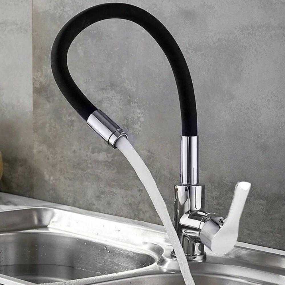 Set of a Free-standing Kitchen Tap with a Flexible Spout, Flexible Hoses and Aerator