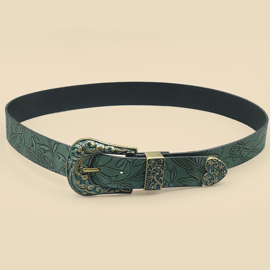Vintage Dark Color Carved Women's Belt with Leaf Print, Versatile for Autumn and Winter Casual Belt, Daily Commuting Decoration