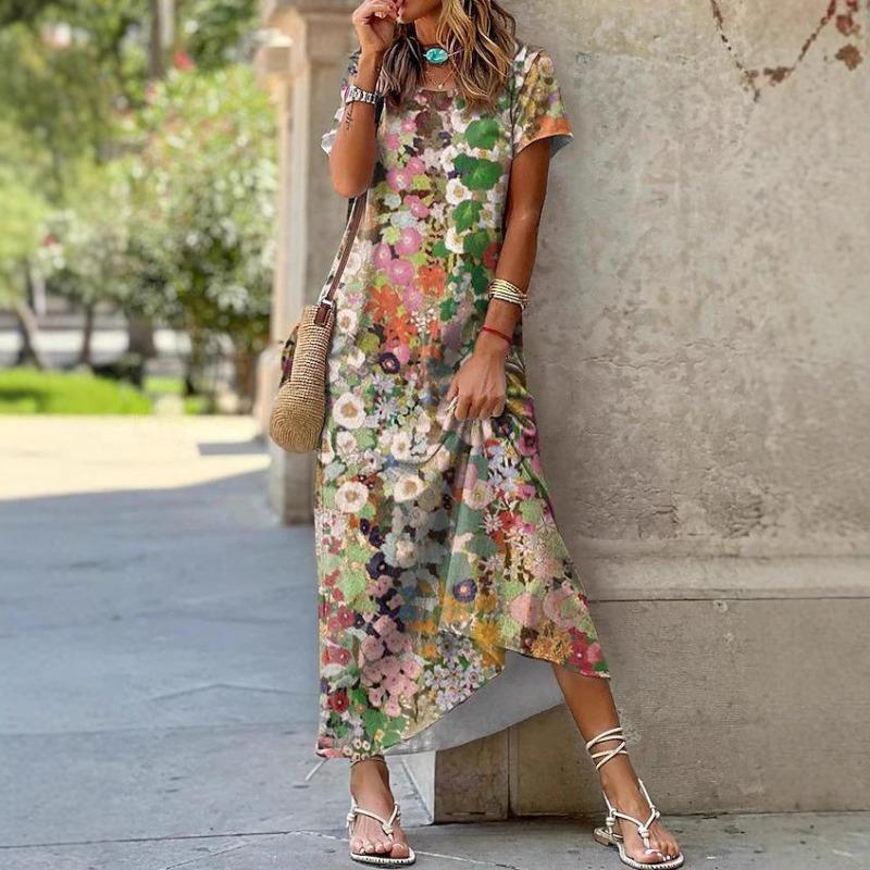 EastRogue Summer Women's Long O-Neck Short Sleeve Botanical Floral Print Dresses