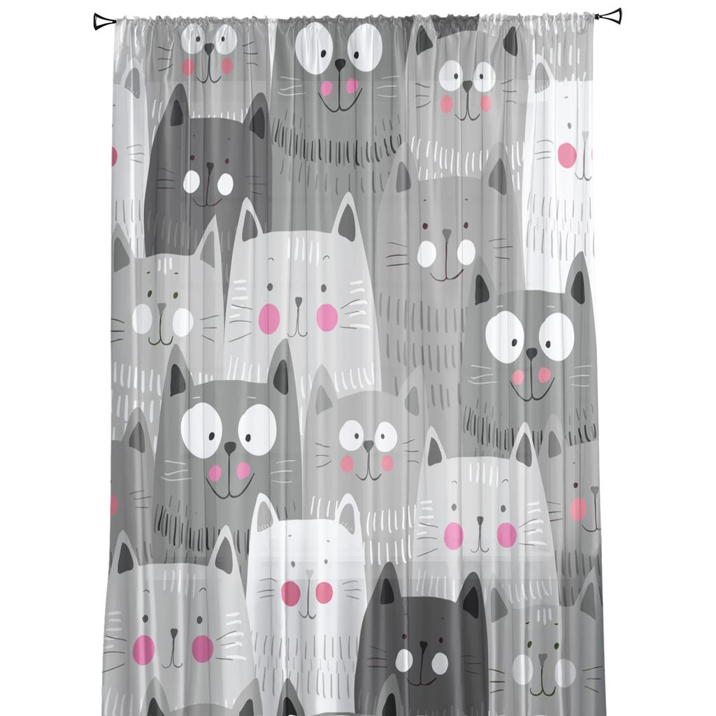 Kawaii Cartoon Graue Katze Transparente Vorhänge zur Wohnzimmerdekoration Fenstergardinen für die Küche Tüll Voile Organza Vorhänge