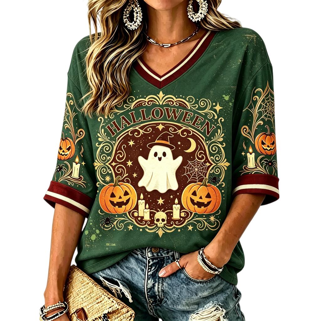 Women's Halloween Print V-Neck T-Shirt Casual Loose Fit Summer Top
