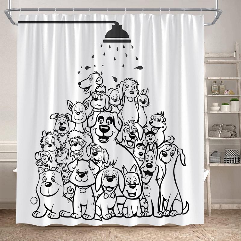 Funny Bathing Dogs Shower Curtain Cute Cartoon Animals Pet Painting Art Kids Bath Curtains Fabric Home Bathroom Decor With Hooks