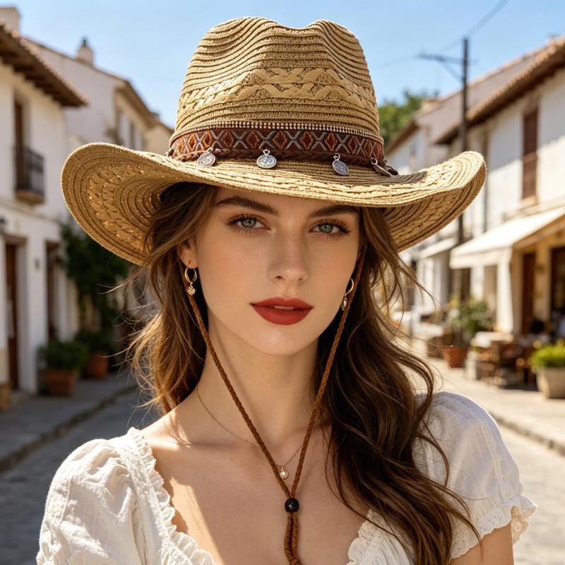Men Hollow Woven Cowboy Straw Hat Wide Brim Windproof Chin Cord Breathable Outdoor Fishing Travel Sun Cap