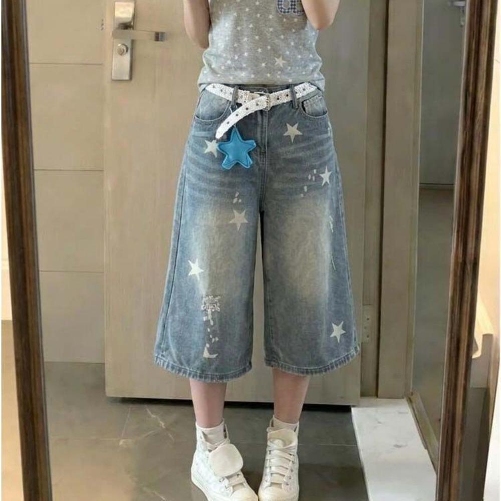 Women s High Waist Star Print Denim Culottes Vintage Washed Loose Cropped Jeans S синий