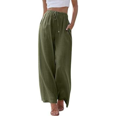 Women's Summer Linen Wide Leg Pants High Waist Elastic Drawstring Casual Loose Trousers with Pockets