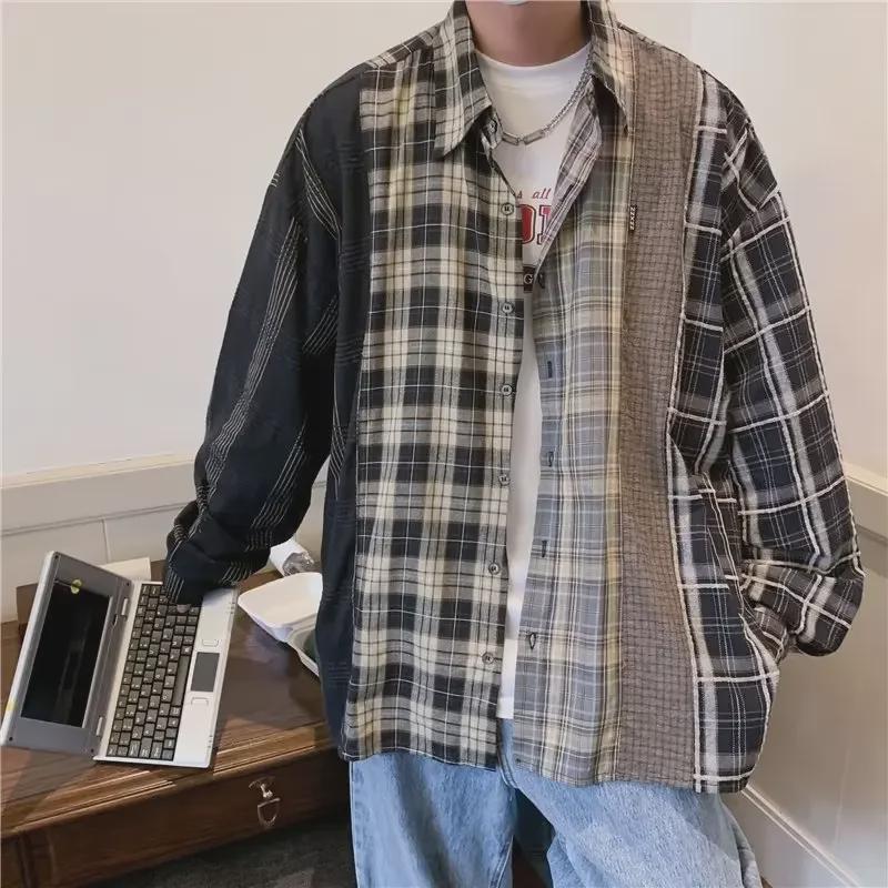 Men's Plaid Splicing Long Sleeve Shirt - Autumn Hong Kong Style Casual Jacket