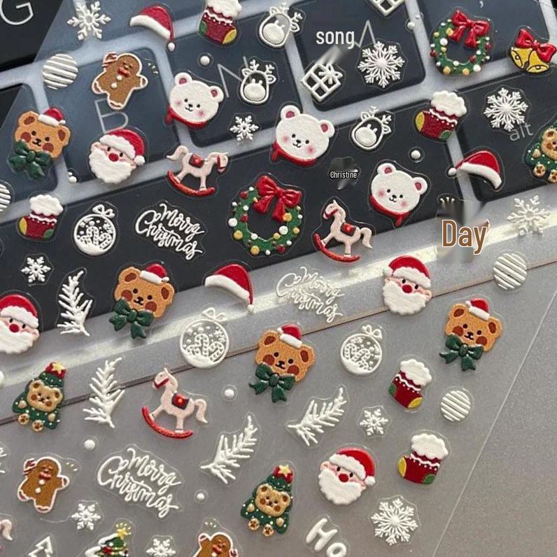 3D Cartoon Christmas Nail Art Stickers: Snowflake & Tree Decals with Back Adhesive