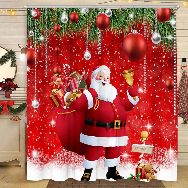 Christmas Shower Curtain Snowman Santa Claus Winter Snow Scene Christmas Gift Polyester Fabric Shower Curtains Bathroom Decor