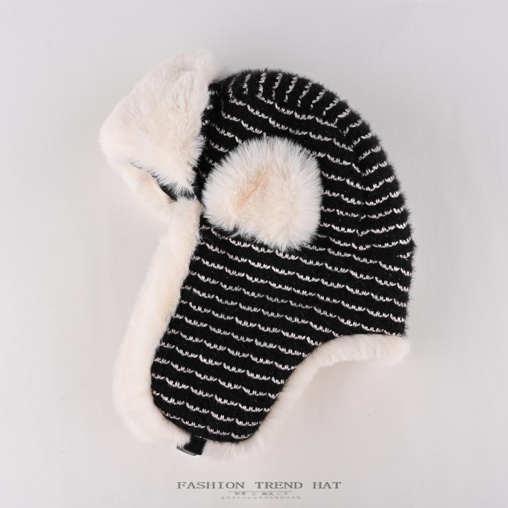 Korean version of striped plush hat women's autumn and winter warm ear protection hat men's outdoor cycling cold protection hat tide