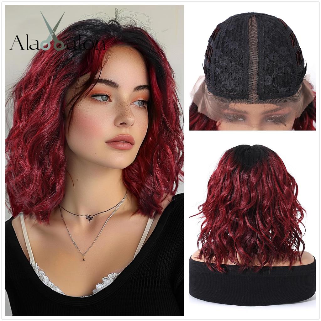 ALAN EATON Medium Length Lace Synthetic Wigs Wavy Red Brown Highlight Wig for Black White Women Natural High Density 18inch