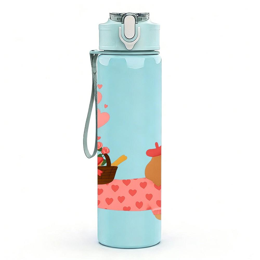 1PC Floral Dachshund Puppy 750ml Color Plastic Sports Water Bottle Leakproof Flip Straw Lid Suitable for Sports Office Home Use