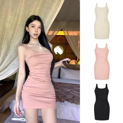 Women's Summer Ruched Bodycon Mini Ribbed Square Neck Tank Dress