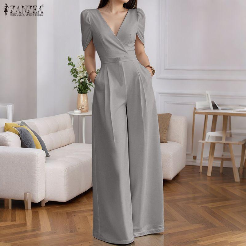 ZANZEA Women Summer V-Neck Casual Short Sleeve Wide Leg Jumpsuits