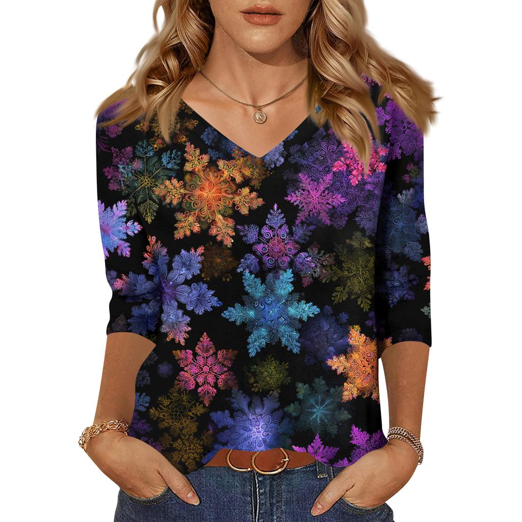 Women's Tops Three-quarter Sleeve Shirt V-neck Loose Casual Shirt Print T-shirt