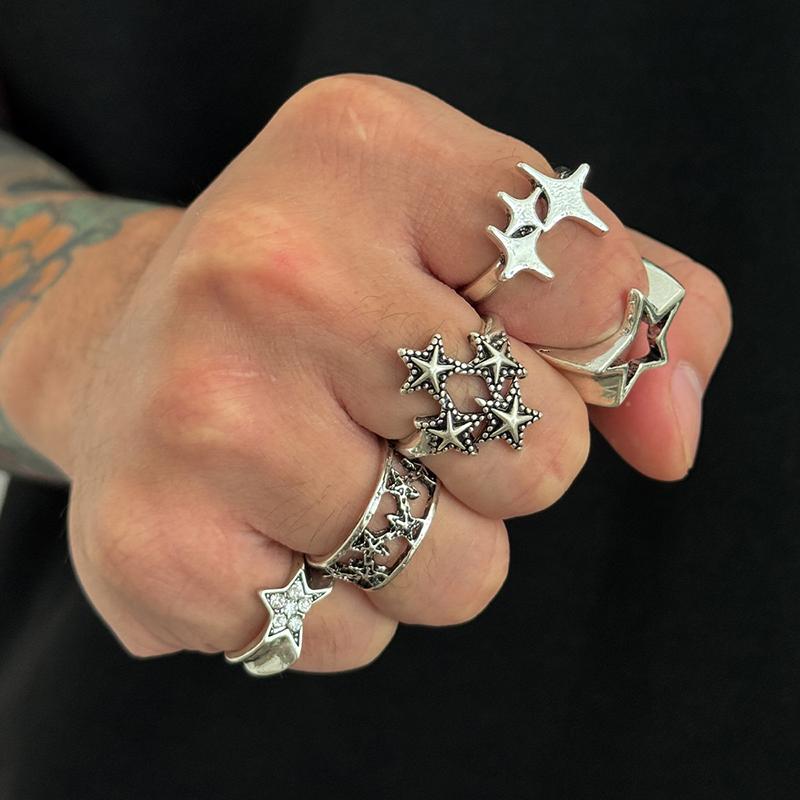 5Pcs/Set Creative Personalized Stars Open Rings For Men Goth Adjustable Knuckle Ring Jewelry