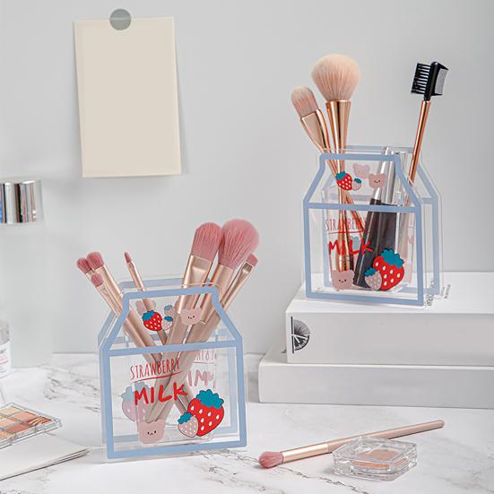 Clear Acrylic Pen Holder Cartoon Milk/Bear Shape Desk Storage Box Makeup Brush Organizer for Home Office School Supplies