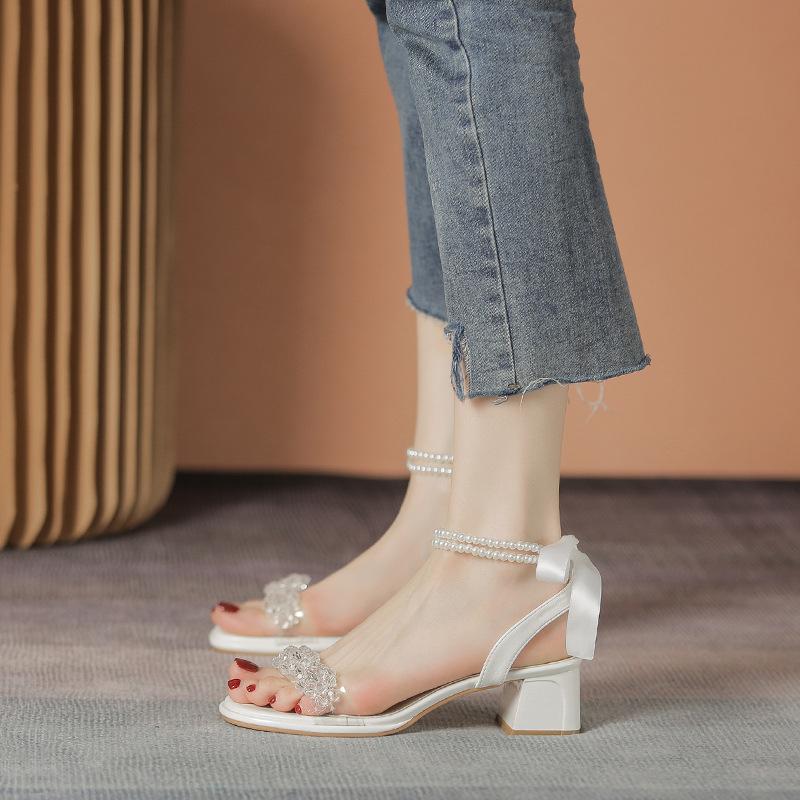 Fashion Sandals Straps Bow Shoes Summer Heels Suit Female Beige Square Toe Mary Jane Lace Up Comfort Girls Black Buckle Pearl Low 2025 B