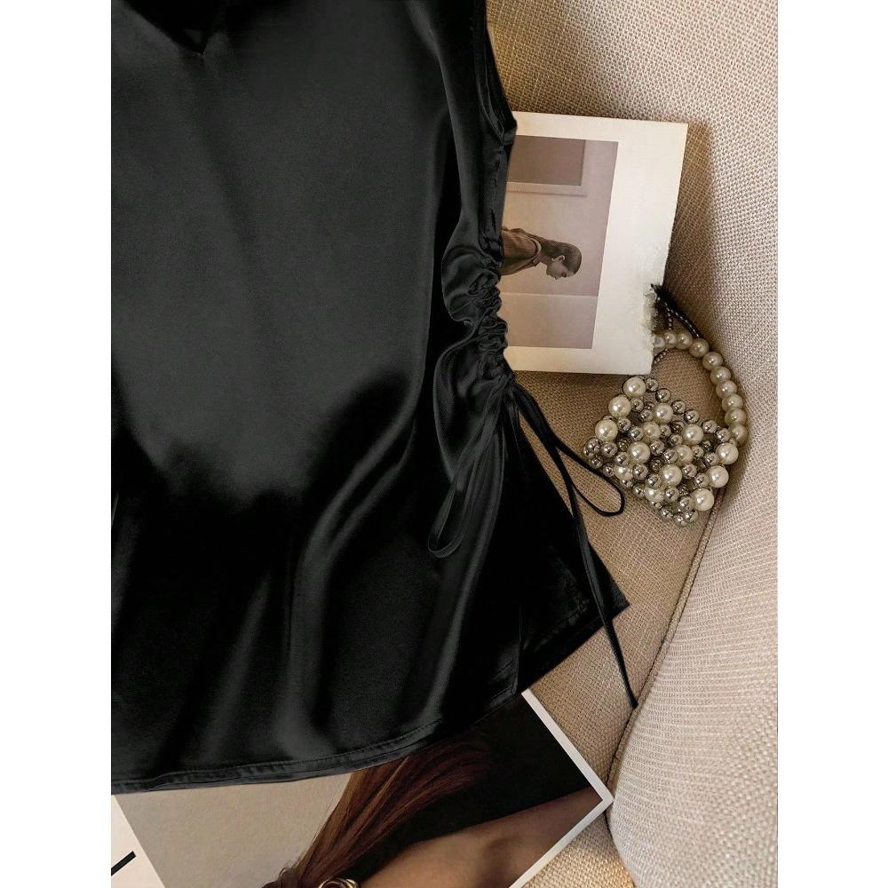 Einfarbige Satin-Kurzarm-T-Shirt-Bluse für Damen, Sommerlich Dünn und Stilvoll, V-Ausschnitt, Slim Fit