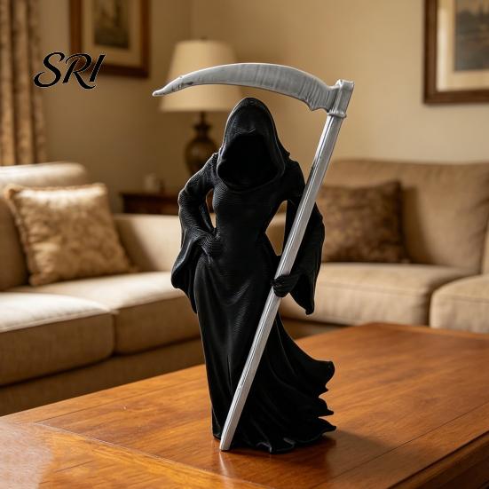 Compact Gothic Collectible Female Grim Reaper Statue with Sickle 3D Printed Black Robe Dark Queen Figurine Mysterious Sculpture for Home Office
