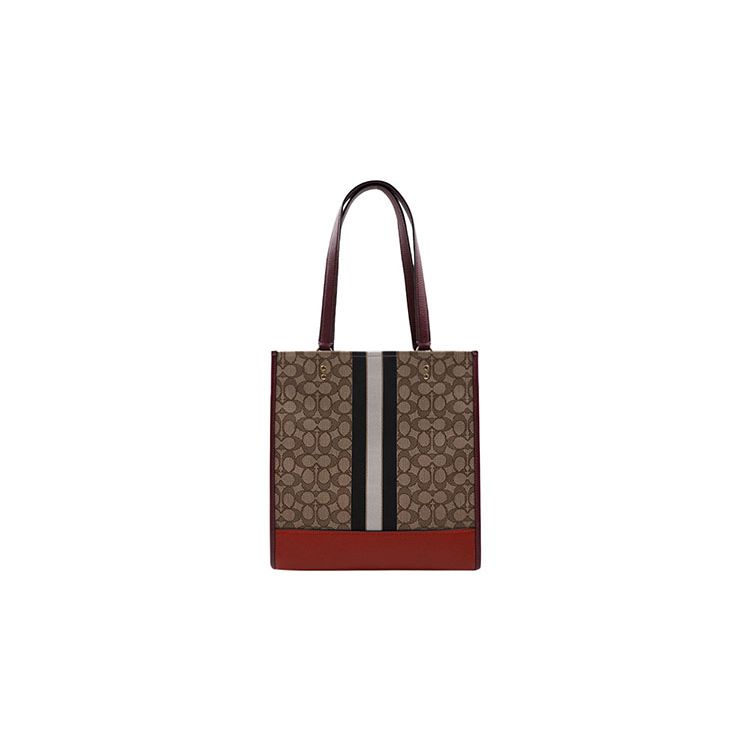 Coach Dempsey 30 Monogram Stripe Logo Decor Vertical Fabric And Leather Tote Bag Women Tote Bags Red-Orange Brown 1917-IMQZV