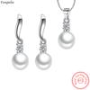 Solid 925 Silver Pearl Pendant Necklace Crystal Stud Earrings Jewelry Sets For Women New Trendy FQL23080