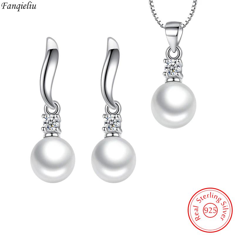 Solid 925 Silver Pearl Pendant Necklace Crystal Stud Earrings Jewelry Sets For Women New Trendy FQL23080