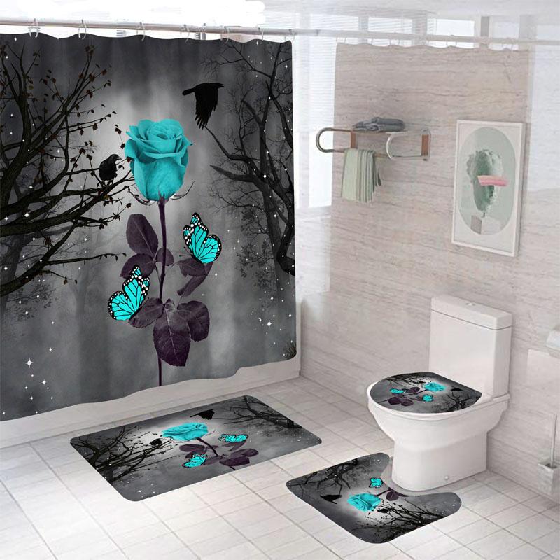 3D Rose Flower Shower Curtain Set Non-Slip Rugs Bath Mat Toilet Lid Cover and 12 Hooks Waterproof Polyester Bathroom Decor