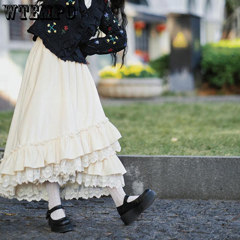 WTEMPO женская весенне-осенняя японская милая винтажная тонкая бежевая длинная юбка — фото 4