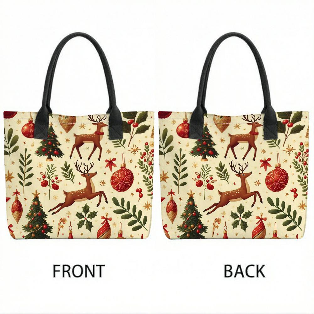 Christmas Reindeer Printed Canvas Tote Bag Casual Large Capacity Holiday Handbag