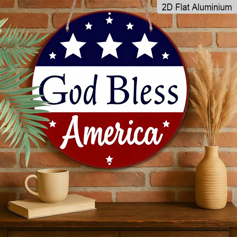2D Flat, 1pc Patriotic “God Bless America” Hanging Sign, Heavy-Duty Aluminum Independence Day Decoration with Navy Blue & Red Stars, 7.87In American
