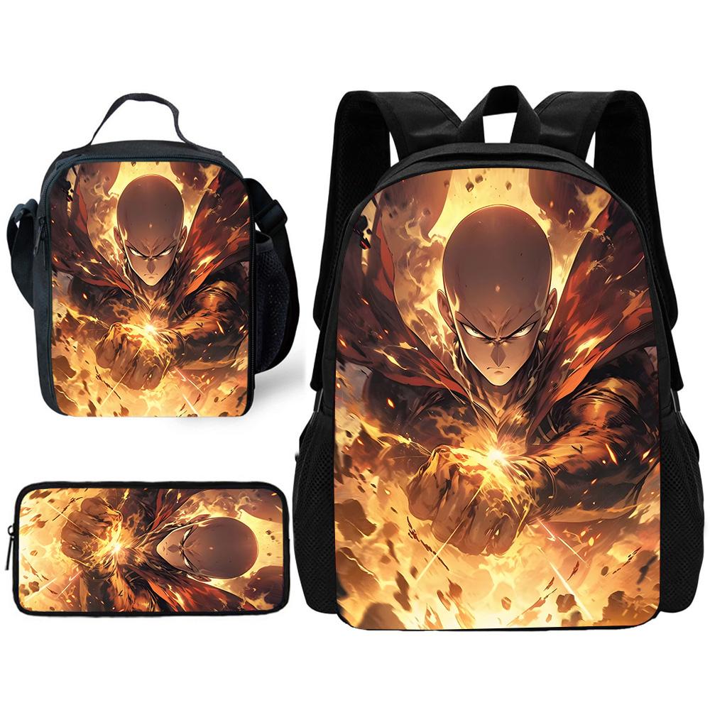 Kinder Anime One Punchs Man Schulrucksack mit Brotdosen ,Federmäppchen ,Schultaschen für Jungen Mädchen Bestes Geschenk