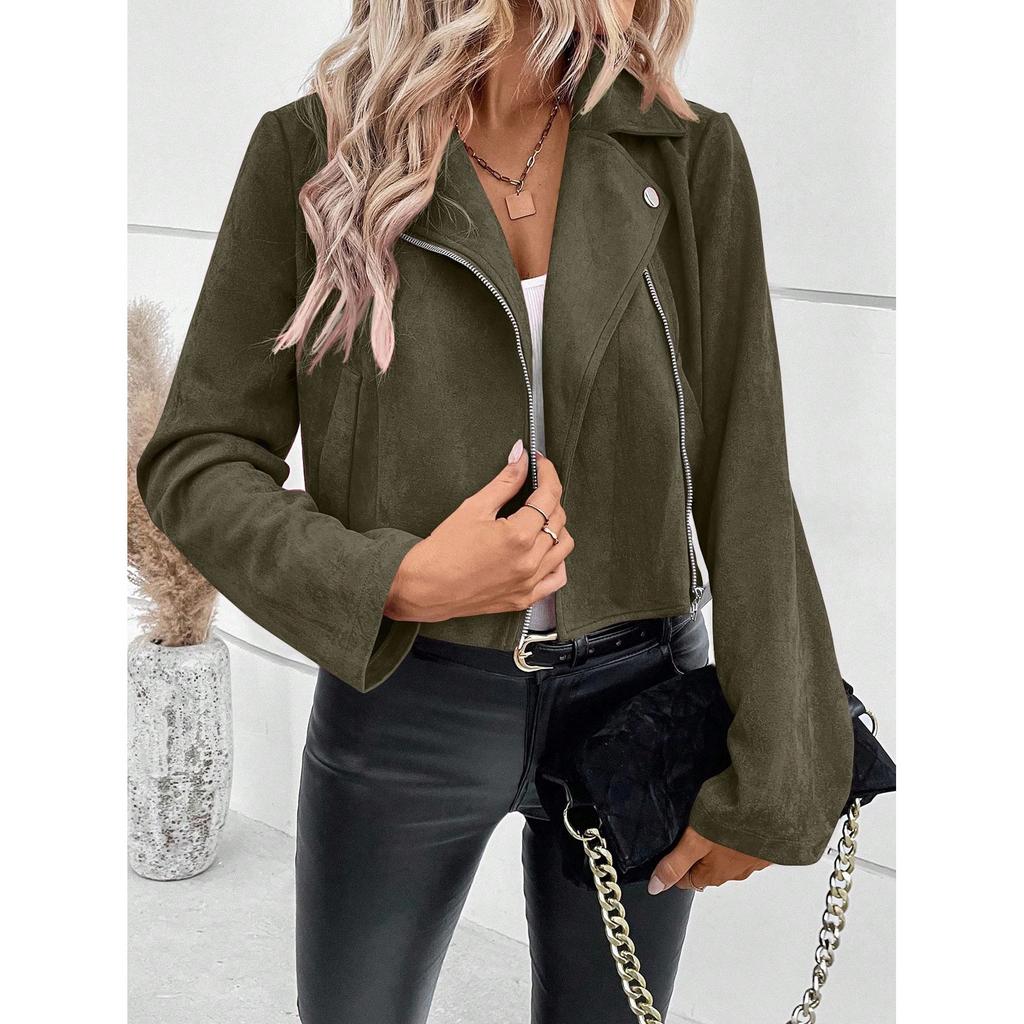 Women Jakcet Zipper Fly Lapel Buttons Motorcycle Jacket Leather Jacket Windproof High Street Biker Jacket Cardigan