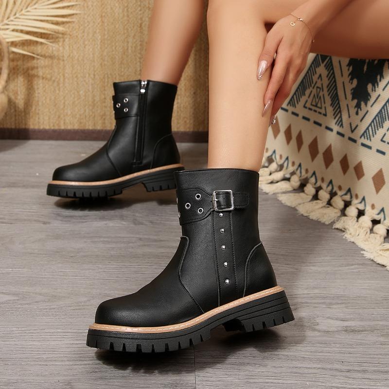 European and American Large-size Leather Boots, Belt Buckle, Medium Tube Martin Boots, Women's Autumn New Rivet Side Zipper Cigarette Tube Boots