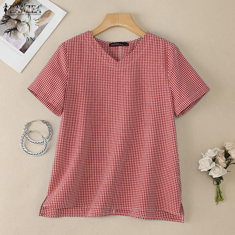 ZANZEA Women Casual V-Neck Grid Print Loose Short Sleeve Blouse