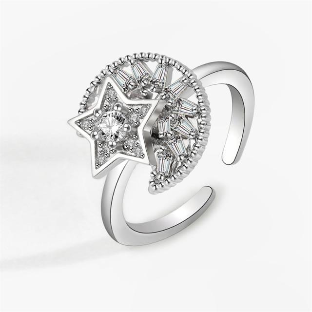 

Кольца Kofsac Exquisite Circon 925 Sterling Silver для женщин Творчество Вращающееся Кольцо Moon Star Ювелирные Изделия Снимают Тревогу Стресс Resizable серебряный