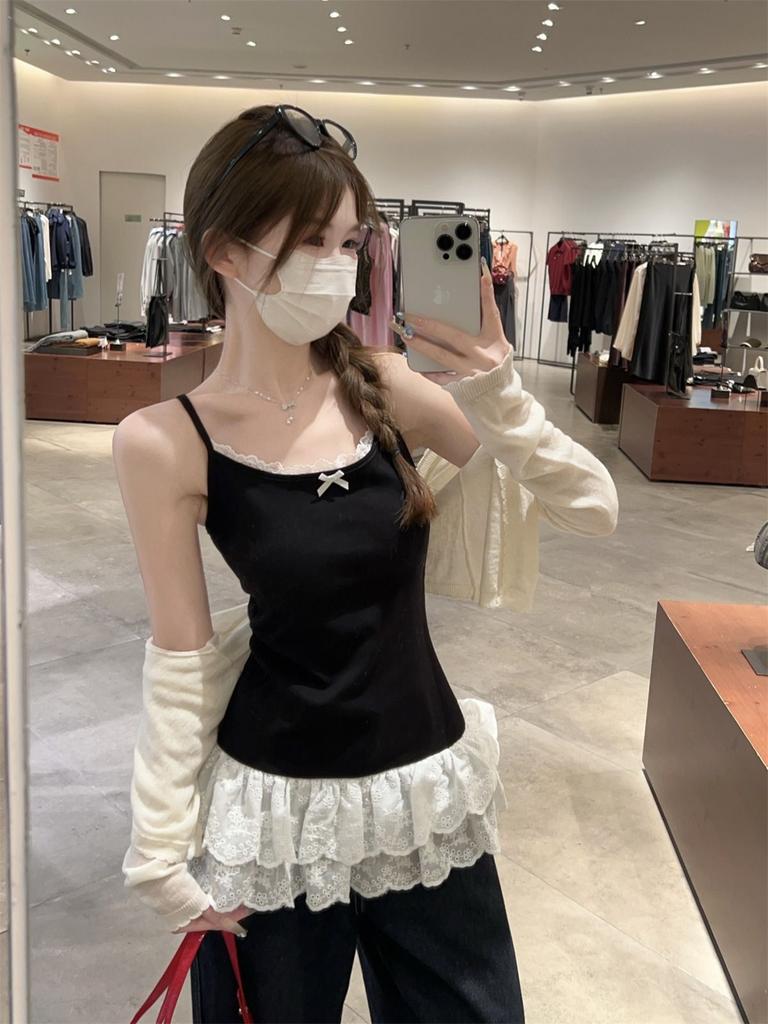 Pure desire bow white lace hem splicing sling vest femininity slim fit inner top summer