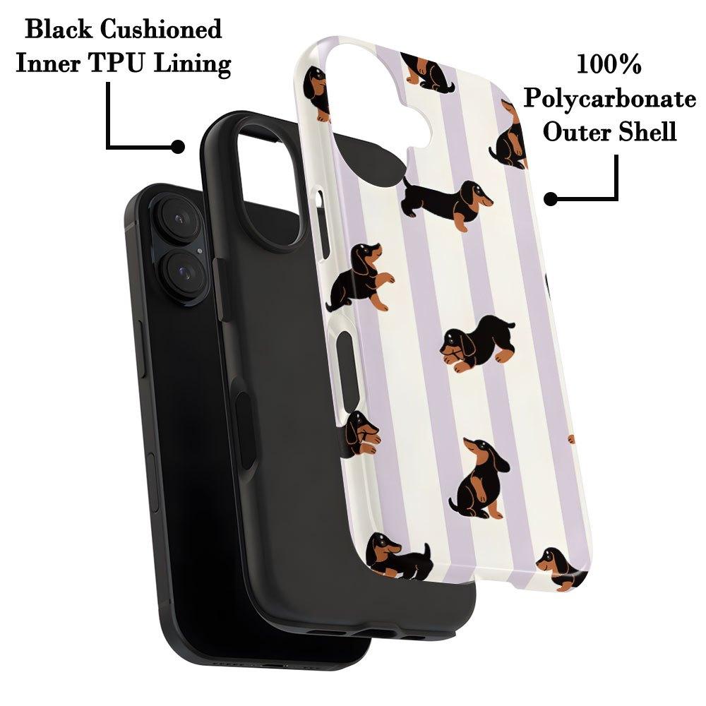 Sausage dog striped pattern 2-in-1 phone case suitable for iPhone 17 16 15 14 13 12 11 Pro/Max/Plus anti drop and shockproof