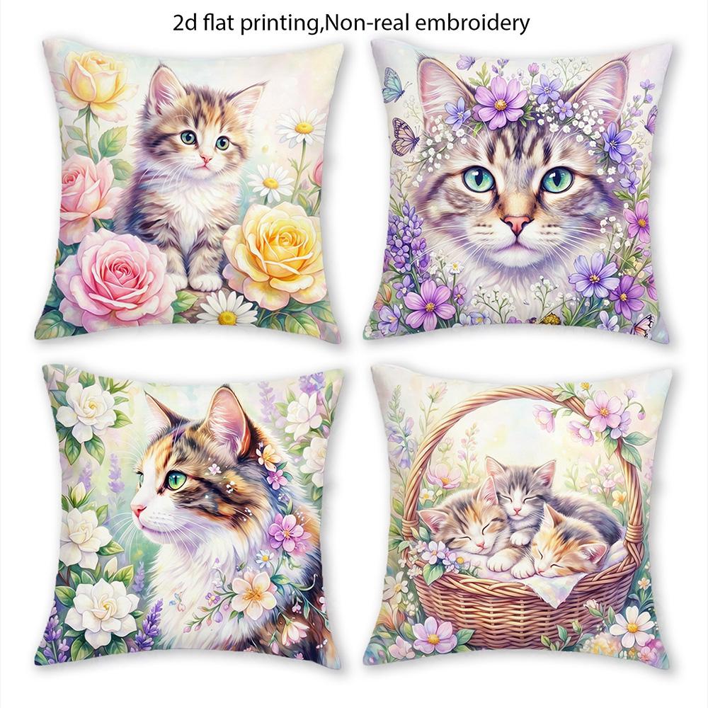 1/4pcs Watercolor Floral Cat Decorative Throw Pillow Cover Home Farmhouse Outdoor Decoration Cushion Cover