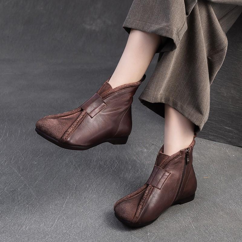 Johnature Genuine Leather Women's Shoes Flat Bottomed Comfortable Retro Short Boots